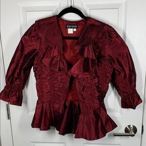Hayden red silk jacket with ruffles and peplum size 2
